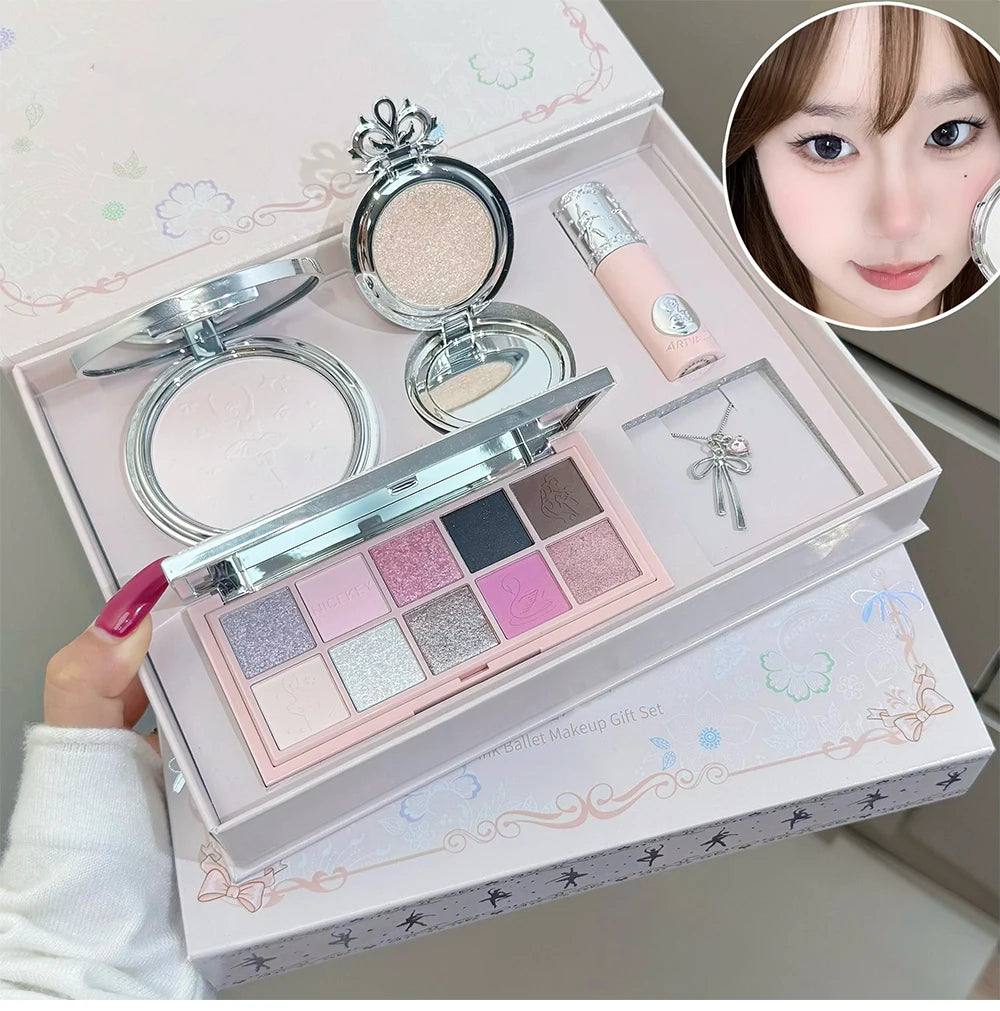 NICEKEY Pink Ballet Makeup Box Include 1*Lip mud,1*Pressed Powder,1*Highlight Powder,1*Eyeshadow Palette Powder With Necklace