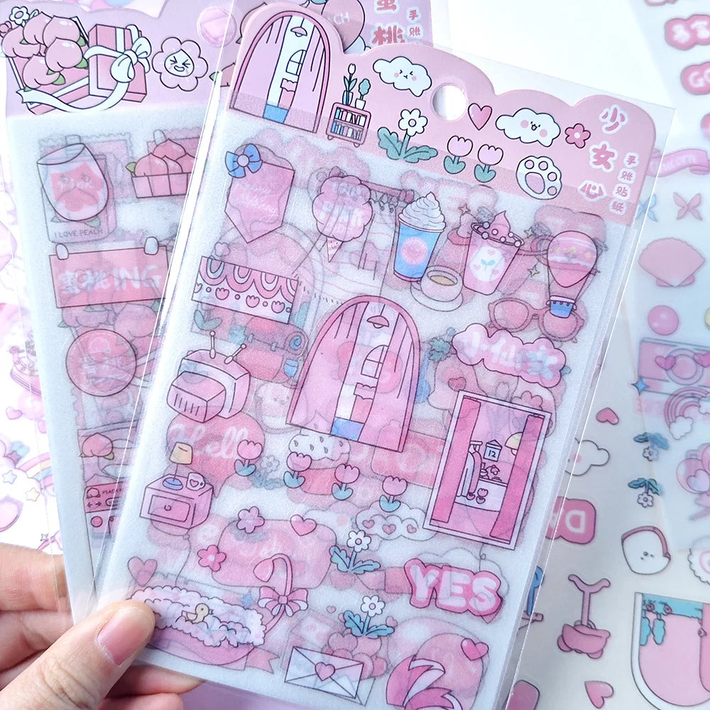 4Pcs Pink Cartoon Transparent Waterproof Material Stickers For Hand Account Pencil Case Decals