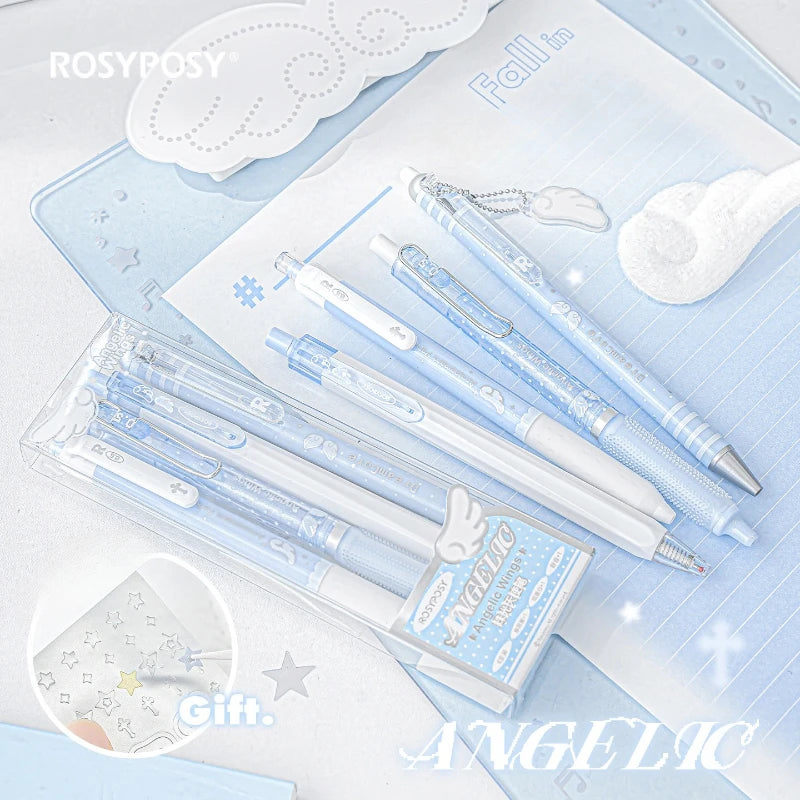 4pcs/set Pearl Angel Gel Pen Set Cute Exam Pens with Wing Design Kawaii Cartoon 0.5mm Black Ink for Kids Back To School Student