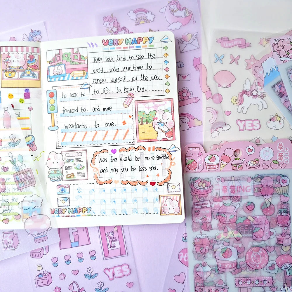 4Pcs Pink Cartoon Transparent Waterproof Material Stickers For Hand Account Pencil Case Decals