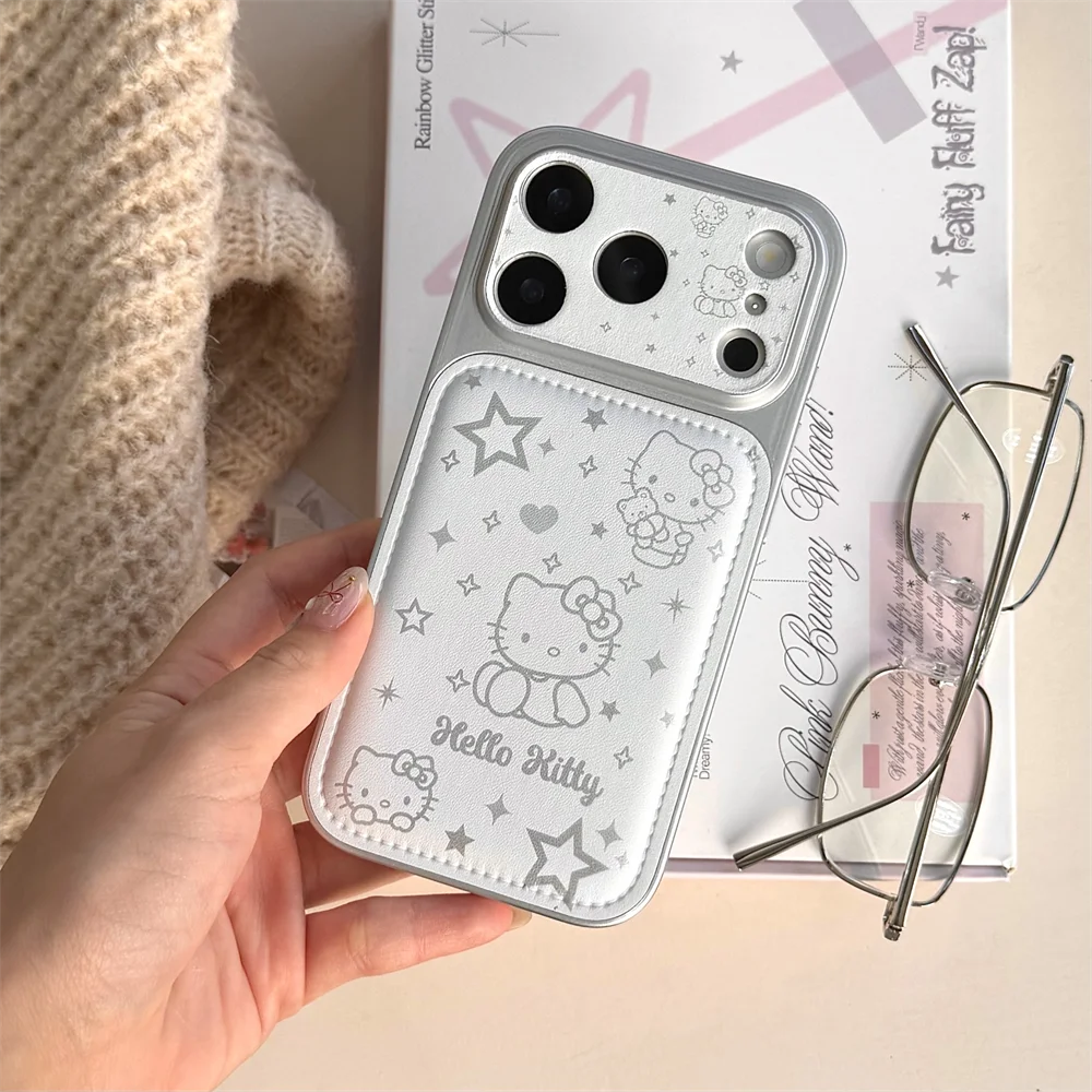 Korean INS Simple Line Star Hellokitty Leather Phone case for iPhone 17 Pro 14 15 16 Pro Max Fundas Cute Cartoon Protective cove