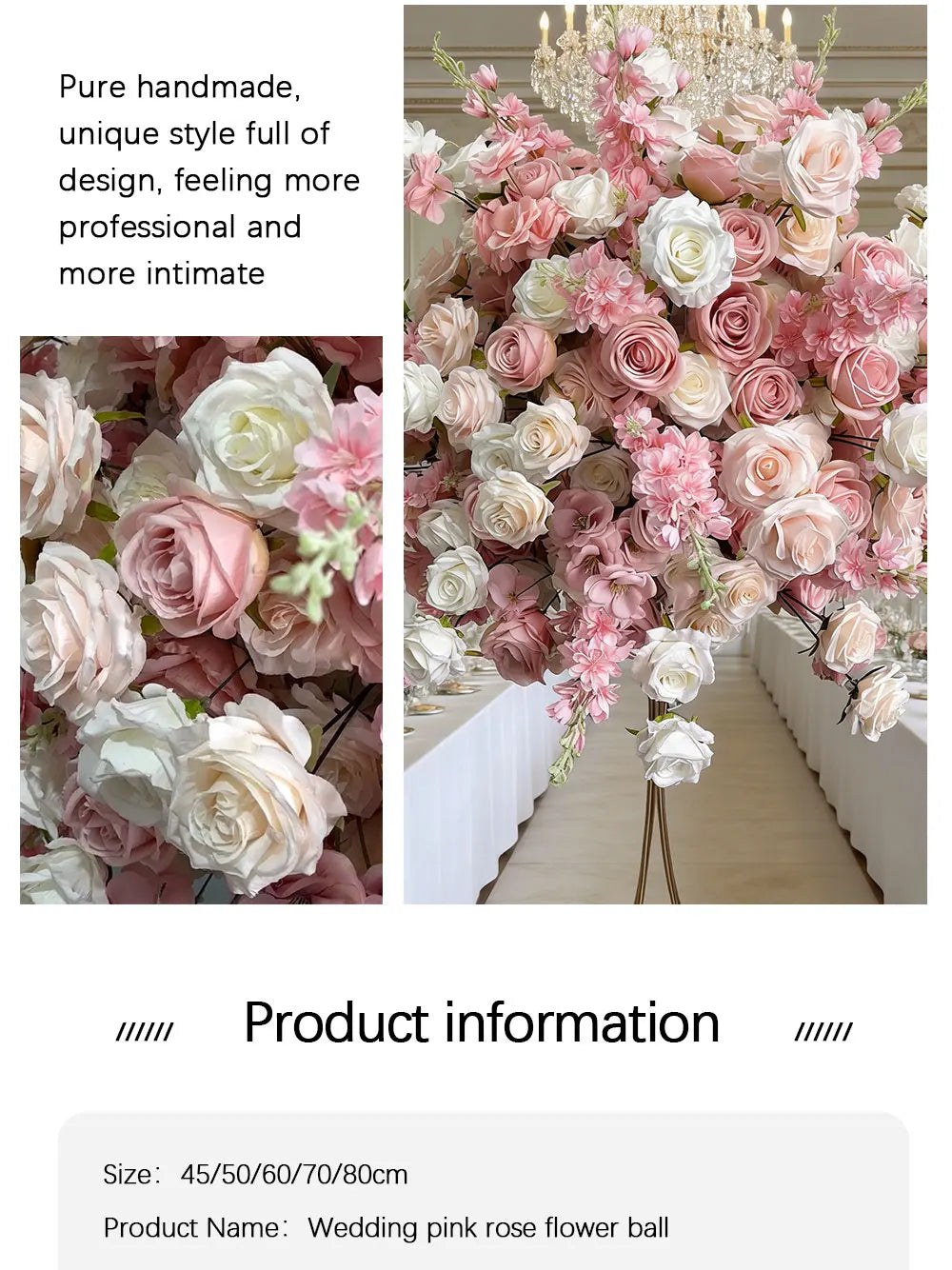Pink Artificial Flower Ball Wreath 50/60/70/80cm Wedding Table Centerpiece Road Lead Decor Floral Arrangement for Party Event