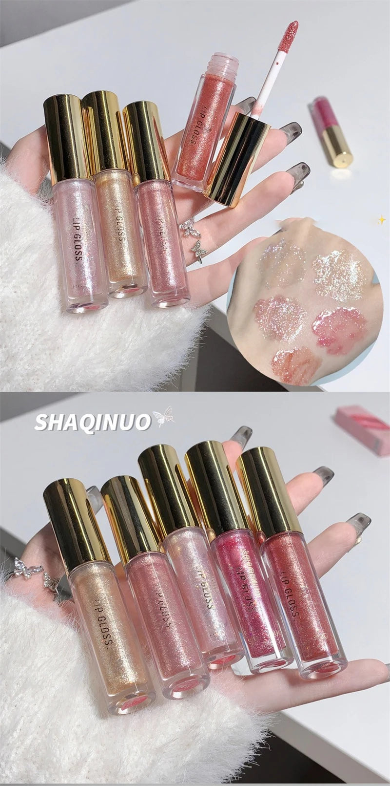 Pearl Diamond Glitter Lip Gloss Lasting Moisturizing Fine Shimmer Liquid Lipstick Mirror Water-glossy Sparkling Lip Tint Makeup