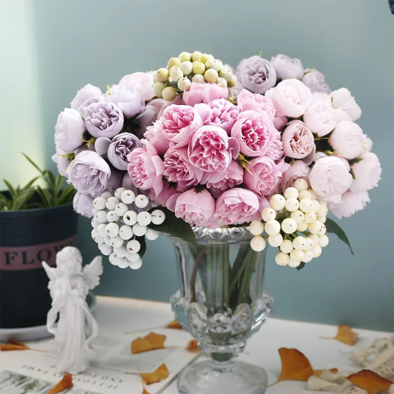 27 Heads Rose Pink Peony Artificial Flowers Silk Bouquet Roses Fake Flower for Table Vase Arrange Home Wedding Decoration Flower