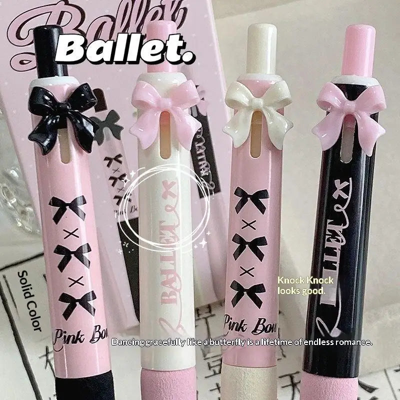 New 4 Pcs Black And White Bow Press Pen Soft Grip Super High Value 0.5mm Brush Question Quick Drying Press Cartoon Neutral Pen