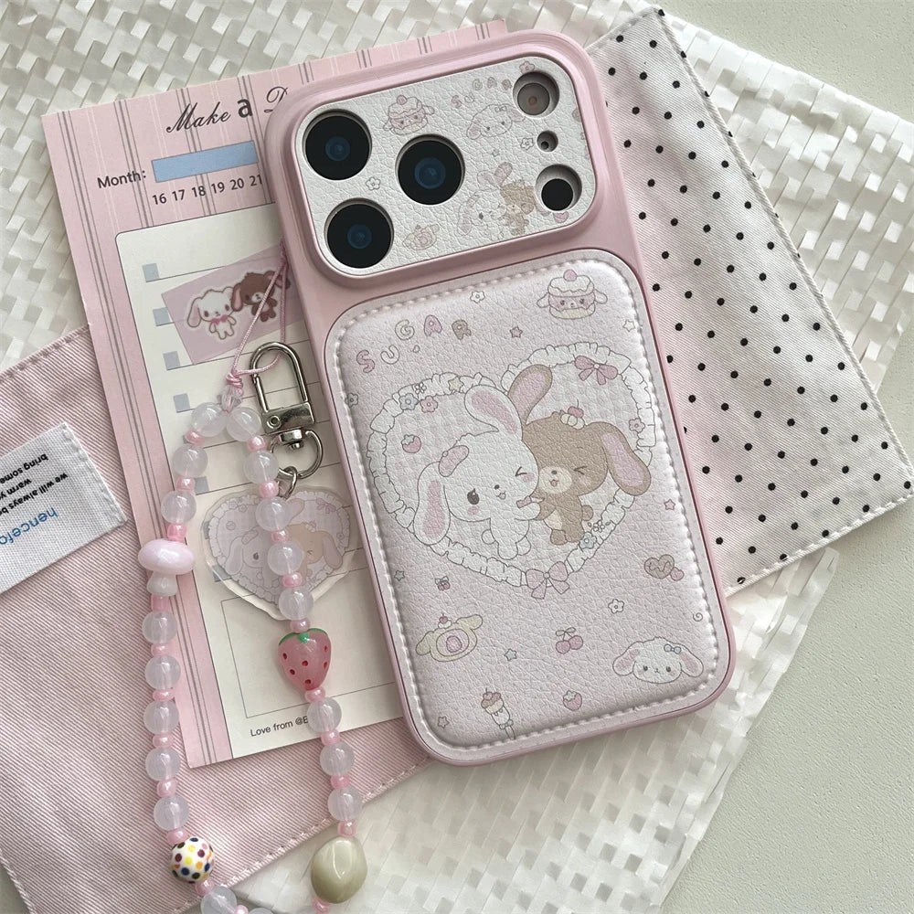 Cute Cherry Dessert Rabbit Leather Phone Case for iPhone 16 Pro 17 Pro Max 13 14 15 Funda with hinged Kawaii Shockproof Cover