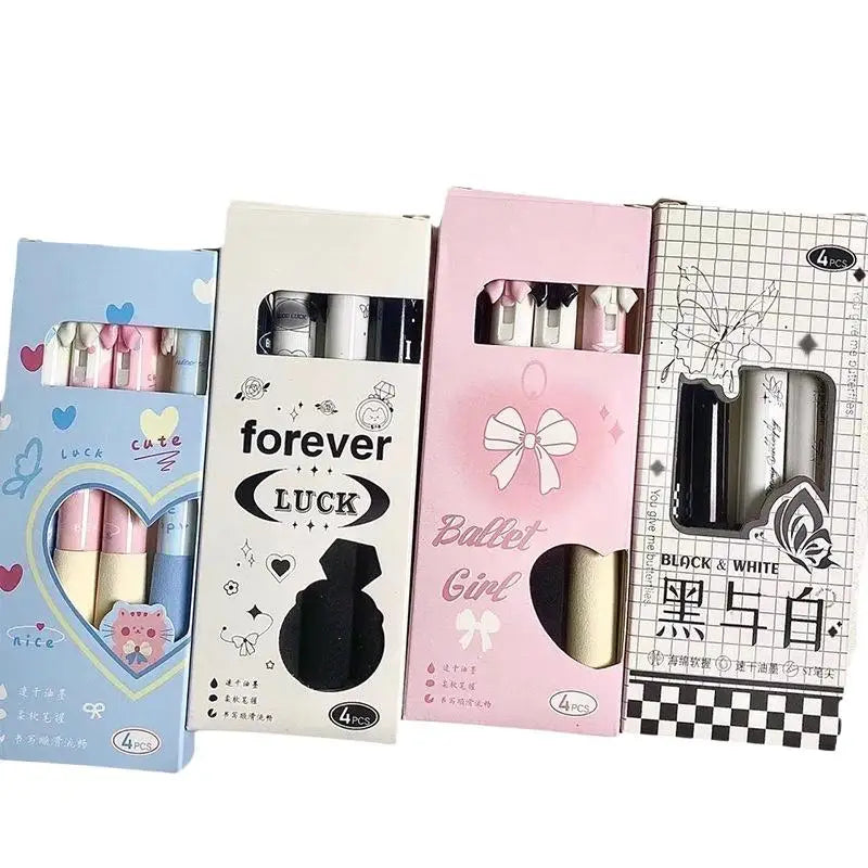 New 4 Pcs Black And White Bow Press Pen Soft Grip Super High Value 0.5mm Brush Question Quick Drying Press Cartoon Neutral Pen