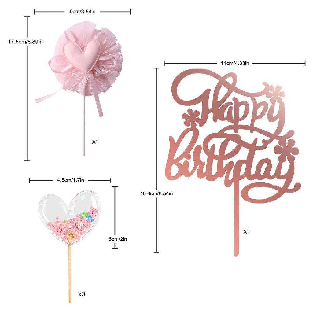 PinkHeart Happy Birthday Cake Topper  Birthday Cake Topper Lovely Heart Cupcake Toppers Picks Pink Cake Decorations for Birthday