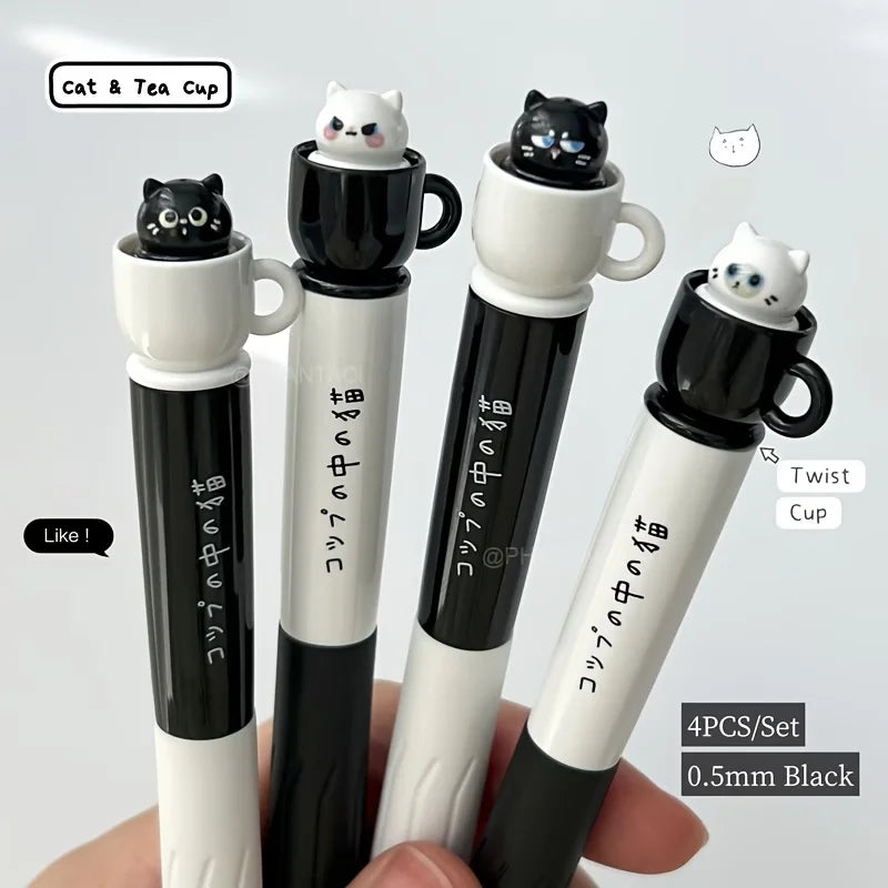 4pcs Cute Cat Pens 0.5mm Quick-Dry Black Cup Writing Pens Perfect for Office School Supplies School Stationery Playful Design